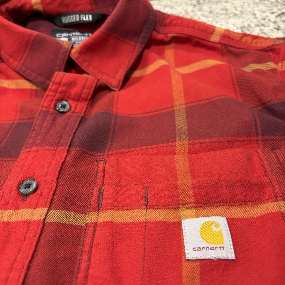 Carhartt Flannel Shirt Mens Medium Red Plaid Rugged Flex Relaxed Fit Workwear